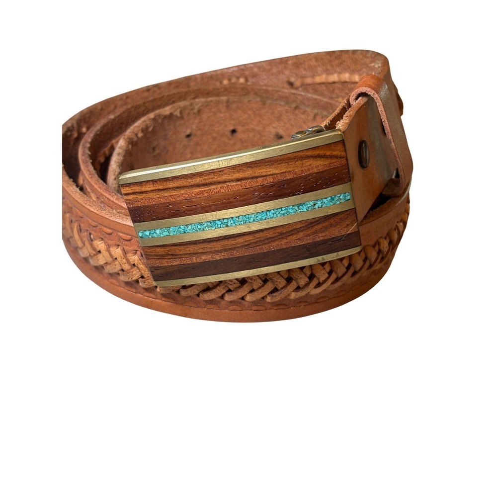 Kenneth Reid Albuquerque Wood Turquoise Inlay Buckle Tooled Leather Belt Tan